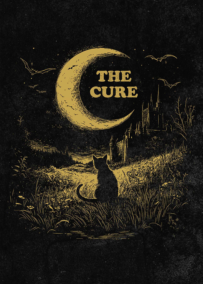 Mystical Cat and Moon Design - 'The Cure' Gothic Art