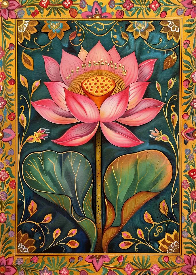 Lotus Flower Painting Vibrant Floral Ornamental Botanical Asian Inspired