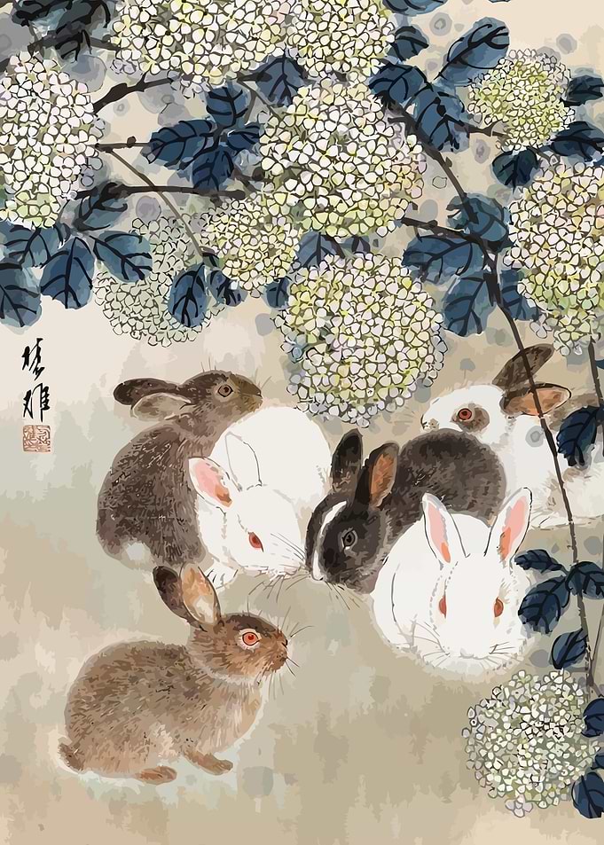 Rabbits Under Blossoms