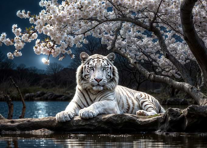 White Tiger Under Cherry Blossoms