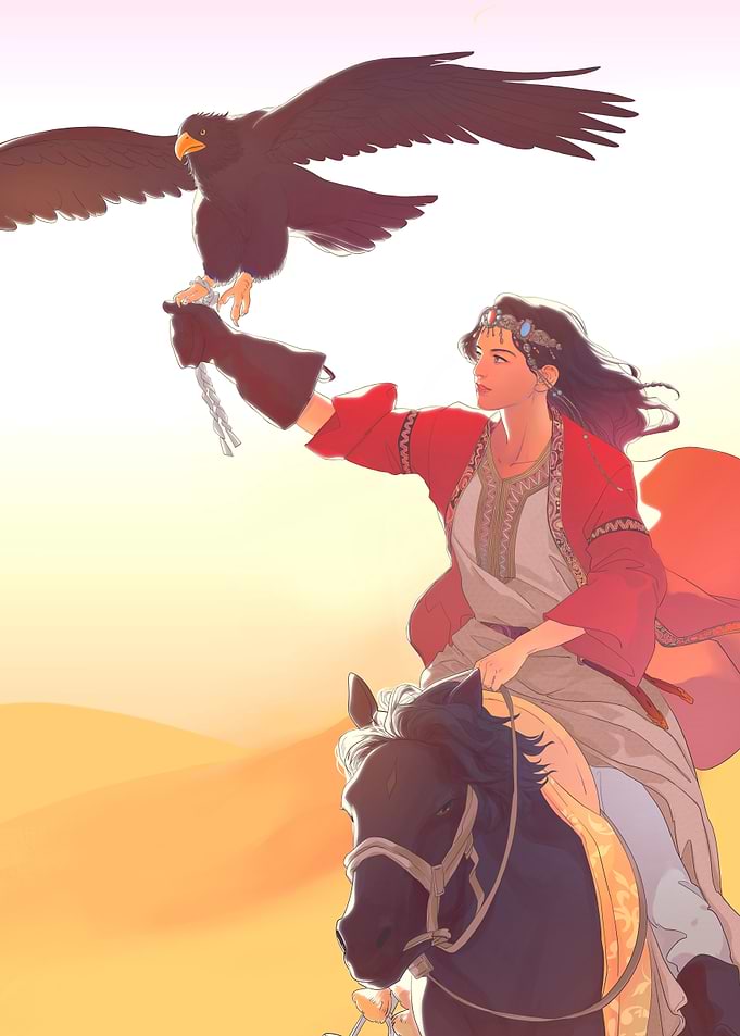 Woman Riding Horse with Falcon