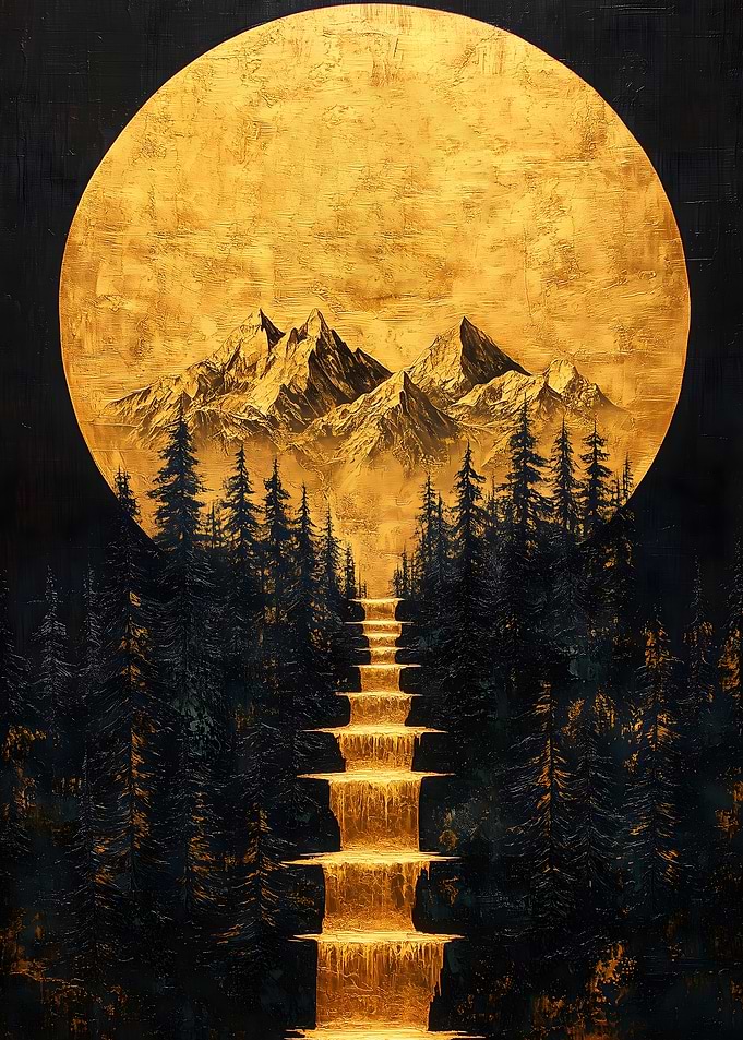 Golden Waterfall & Mountains Japanese Landscape