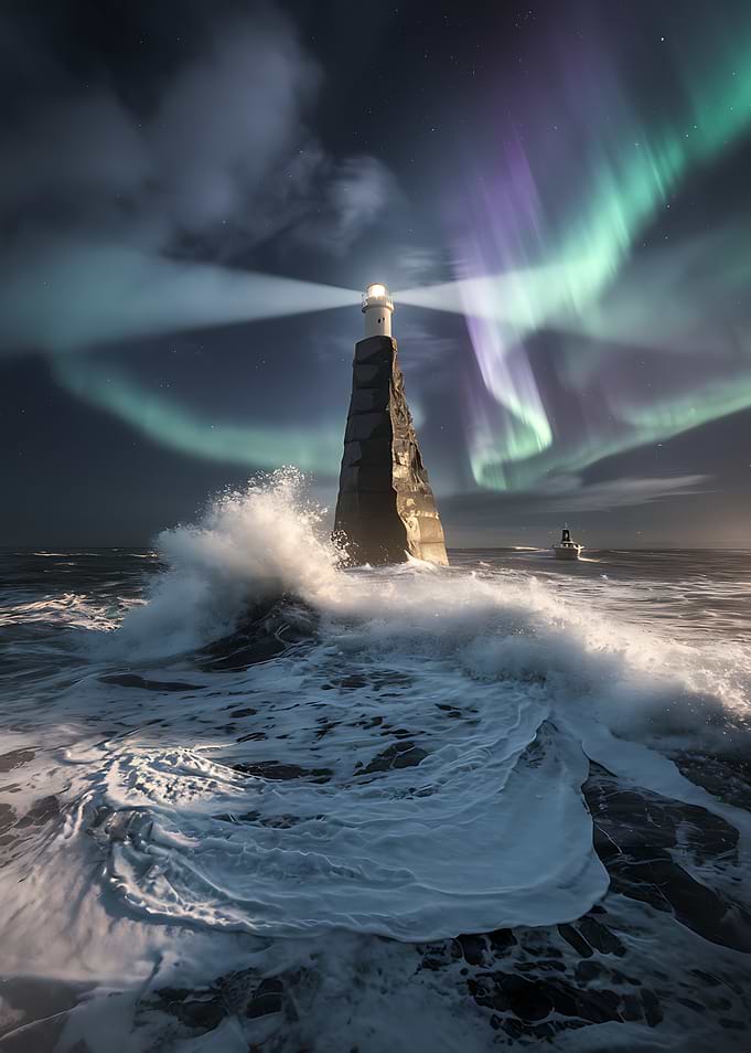 Lighthouse Under Aurora Borealis