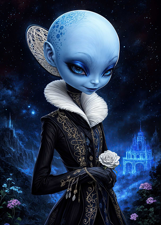 Blue-Skinned Alien with White Rose
