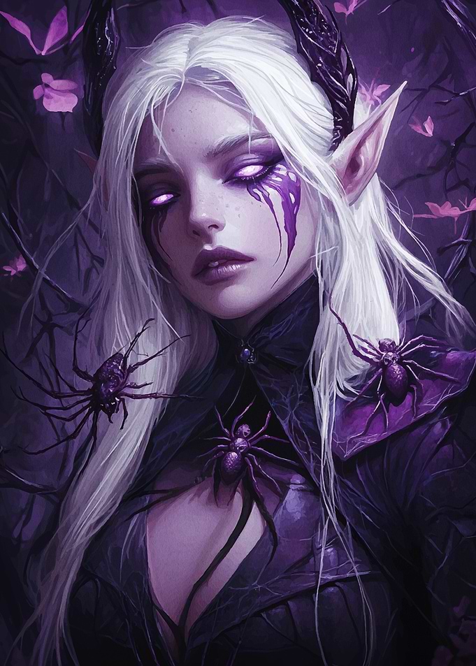 Purple-Eyed Elf with Spiders