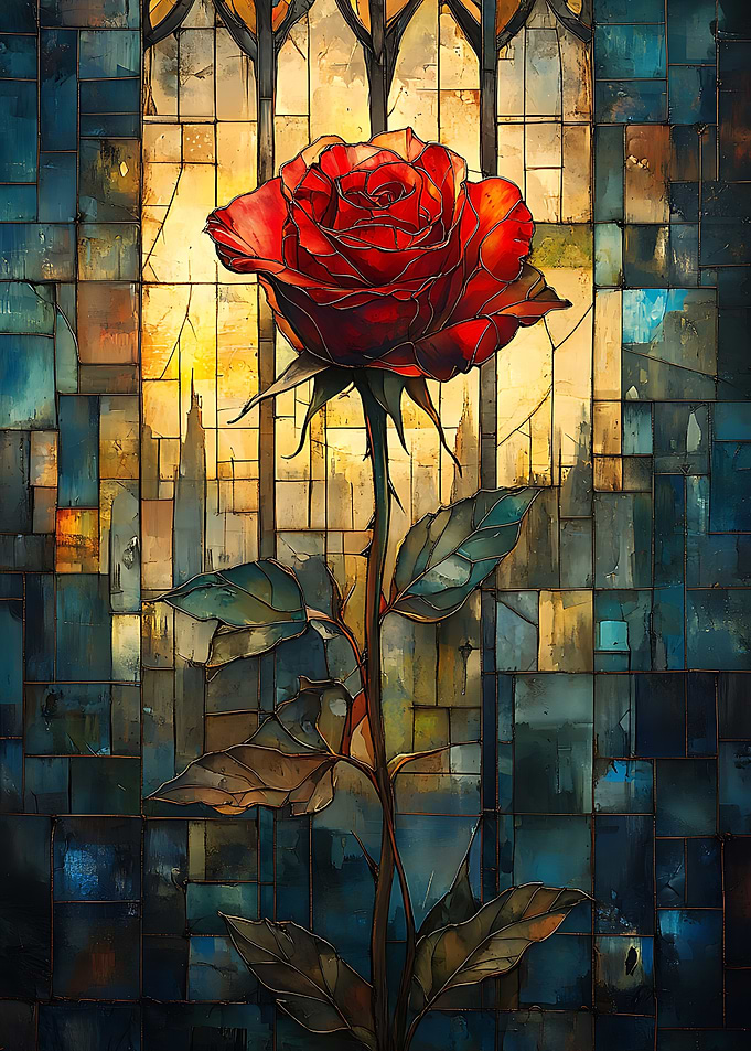 Crimson Elegance: The Rose in Stained Glass