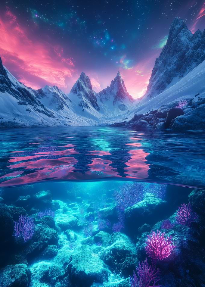 Underwater coral and snowy mountains