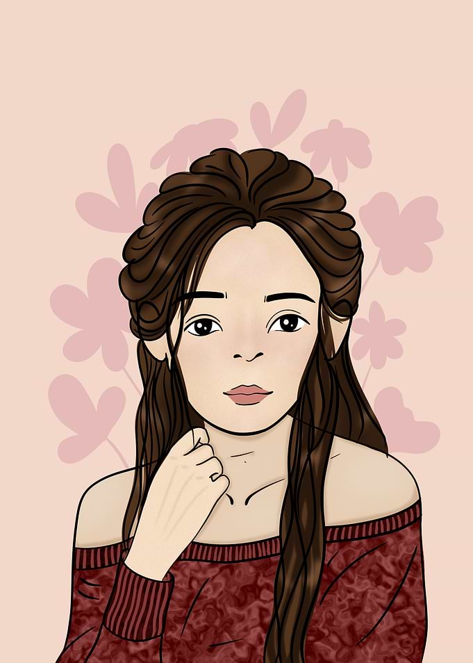 Elegant Girl Portrait illustration - Pink Floral Aesthetics