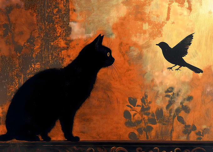 Black Cat and Bird Silhouette