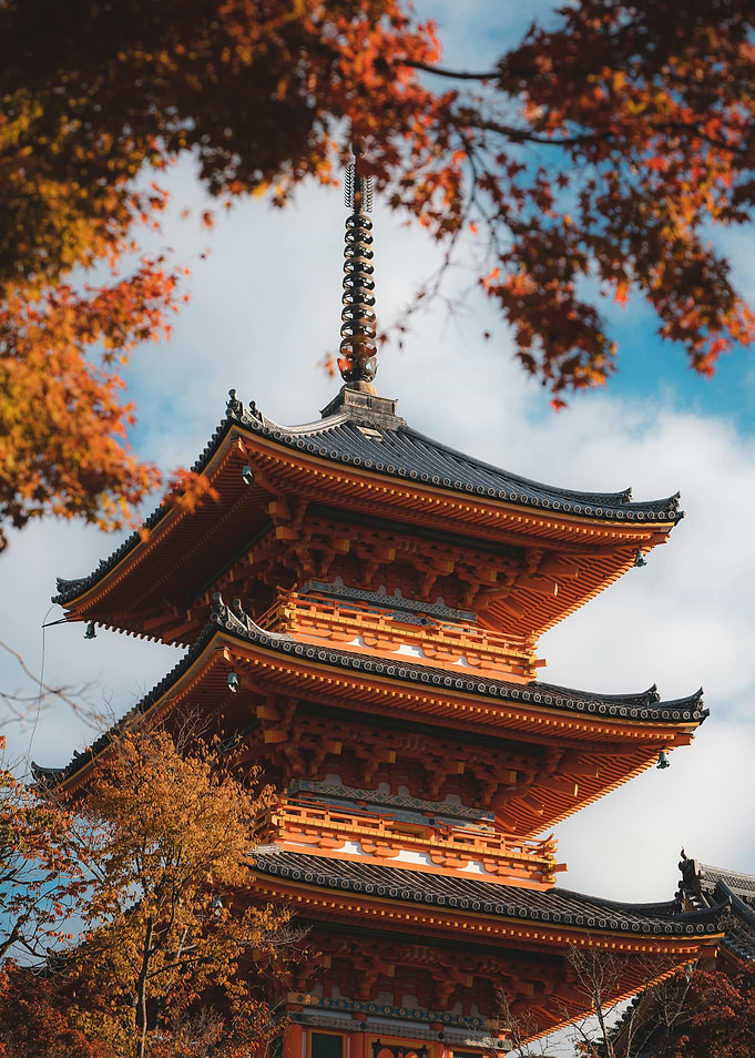 Japanese Pagoda with Autumn Leaves