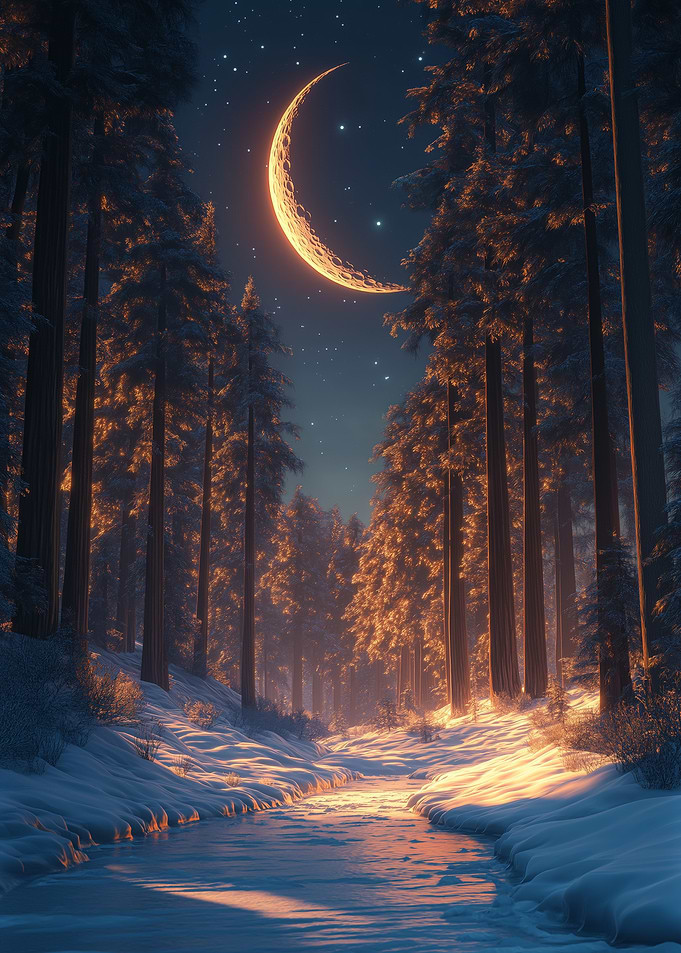 Magical Winter Forest With Crescent Moon
