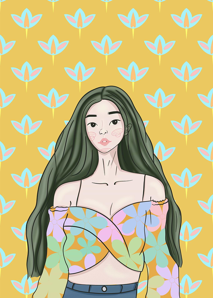 Vibrant Floral Fashion Illustration - Semi-Realistic Art