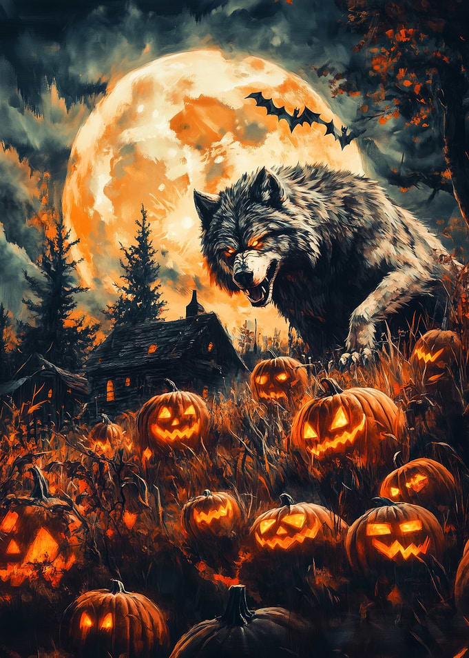 Halloween Wolf and Pumpkins