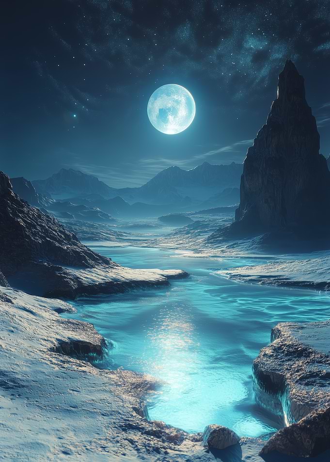 Moonlit Lunar night desert landscape