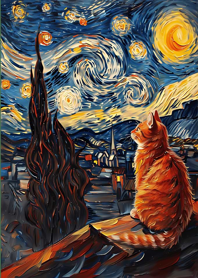 Cat Lover At Starry Night Vincent Van Gogh Painting Art