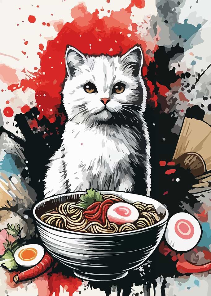 White Cat with Ramen