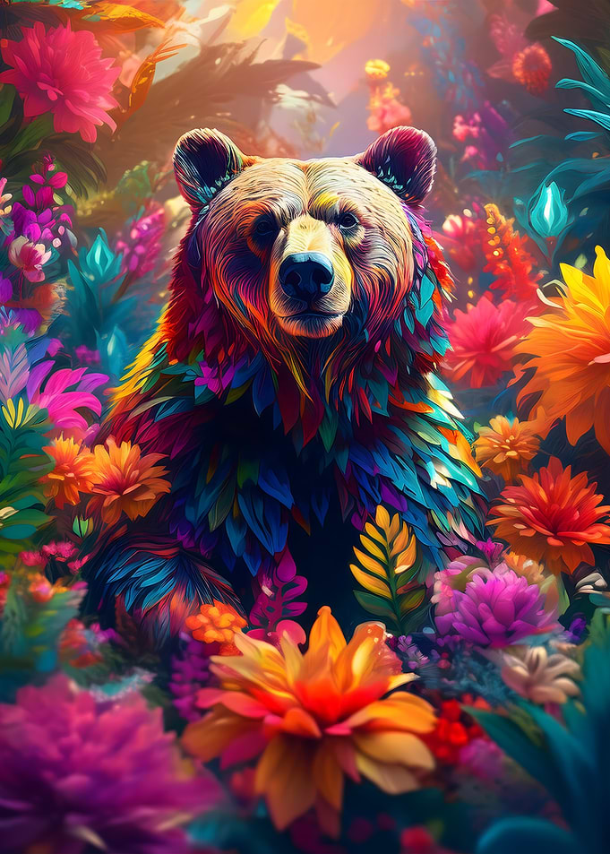 Colorful Bear in Flowers