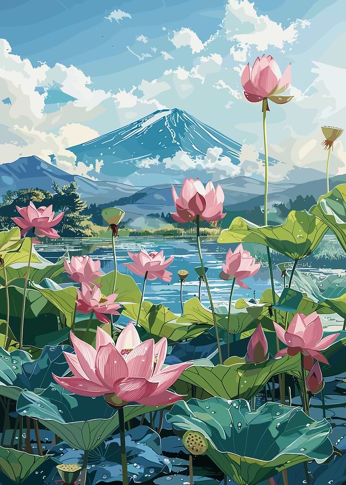 Lotus Pond with Mt. Fuji