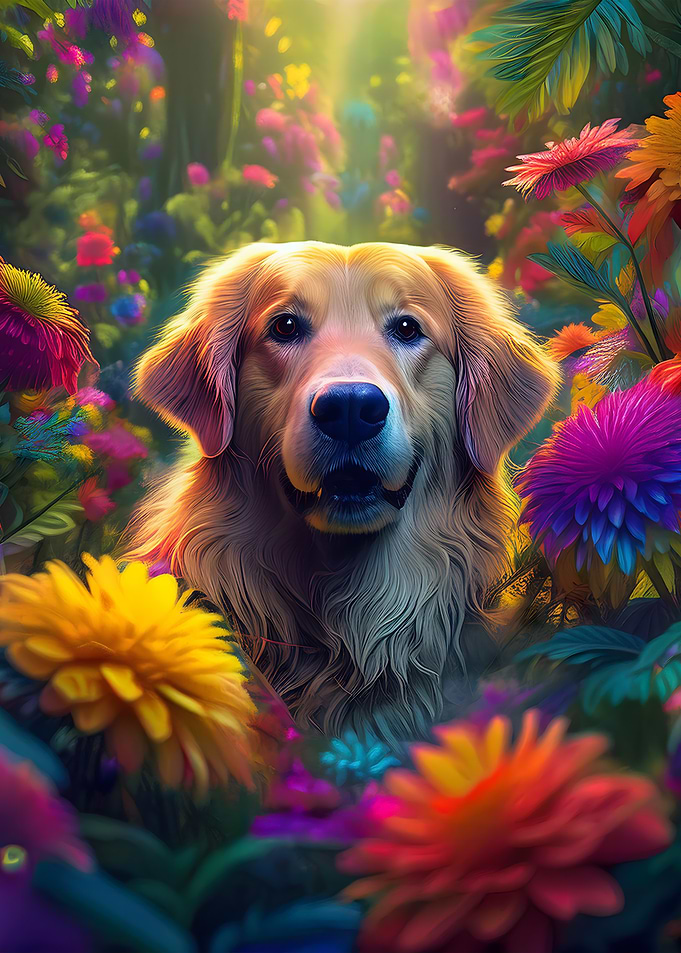 Golden Retriever in Flowers