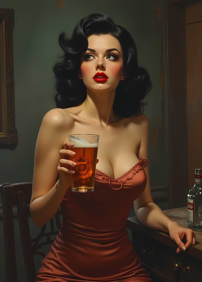 Femme Fatale Pin-up Girl with Beer Film Noir