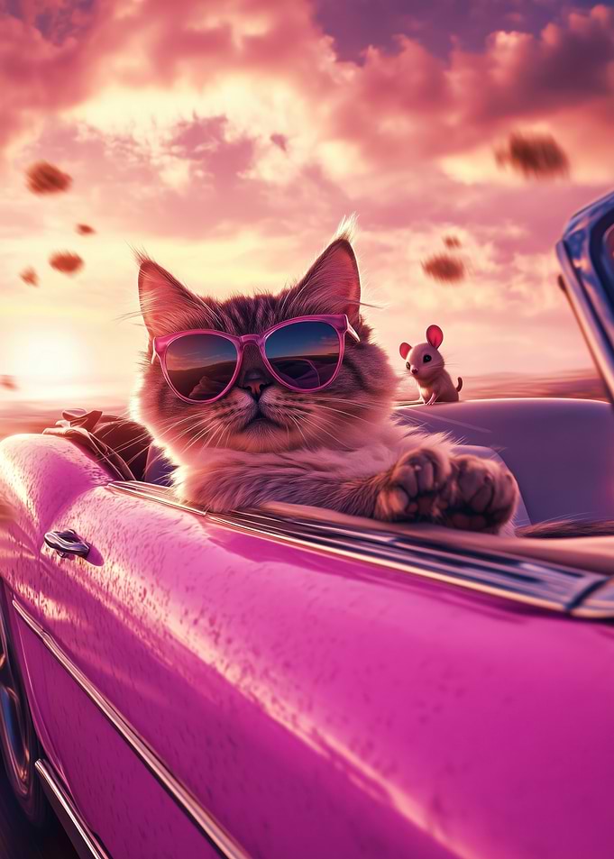 Cat in Pink Convertible