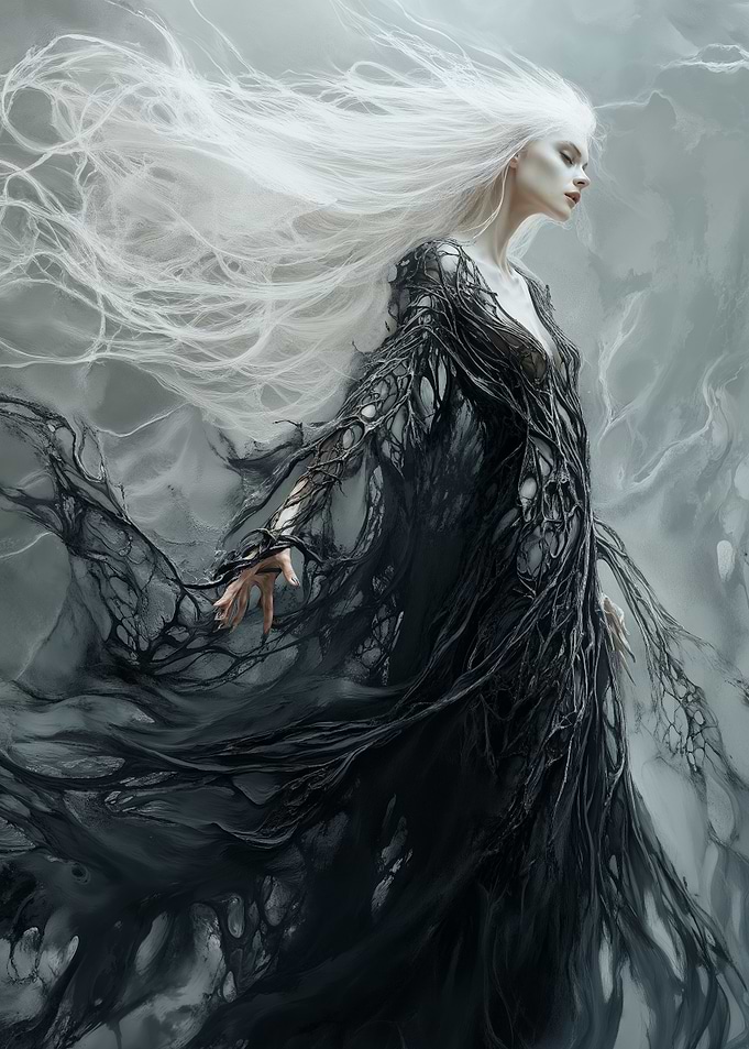 Woman in Black Dress with White Hair