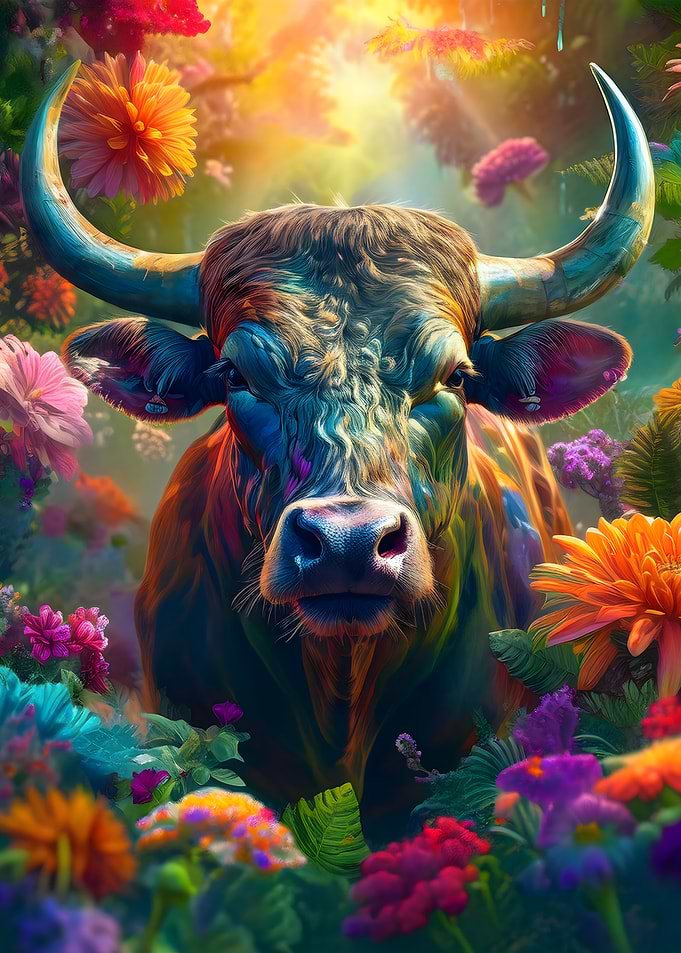 Colorful Bull in Flowers