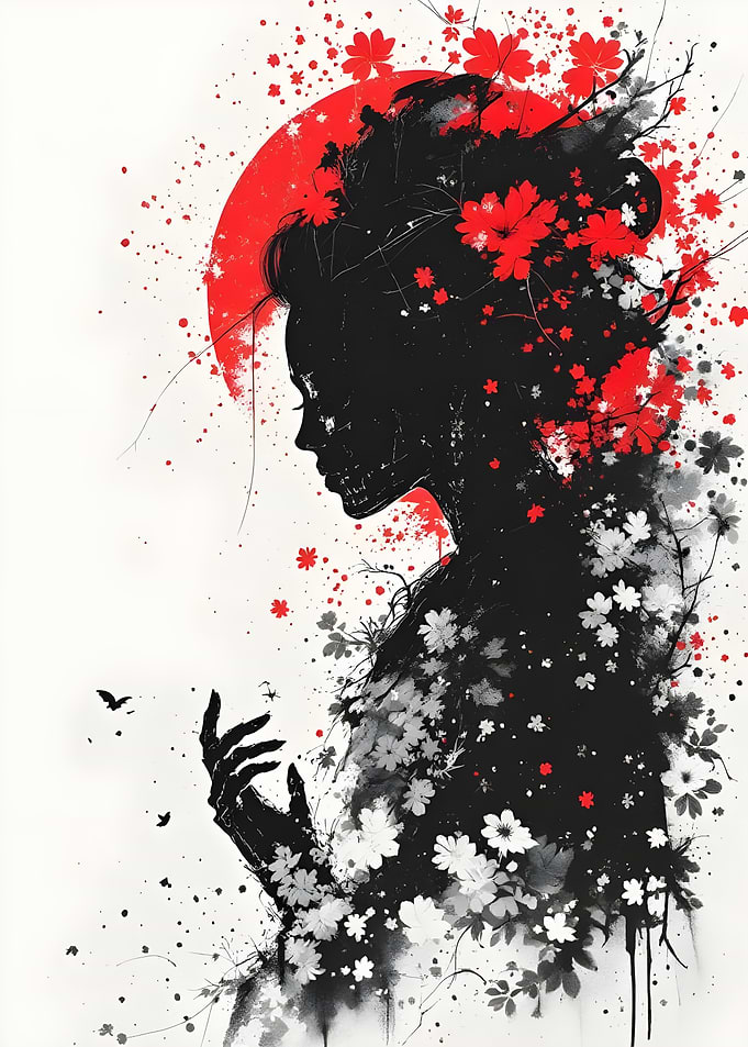 Silhouette Geisha with Flowers
