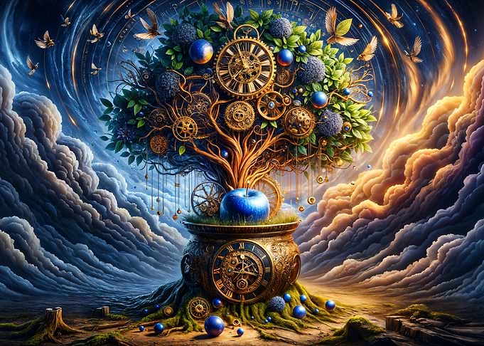 Mystical Time Tree of Gears and Clouds