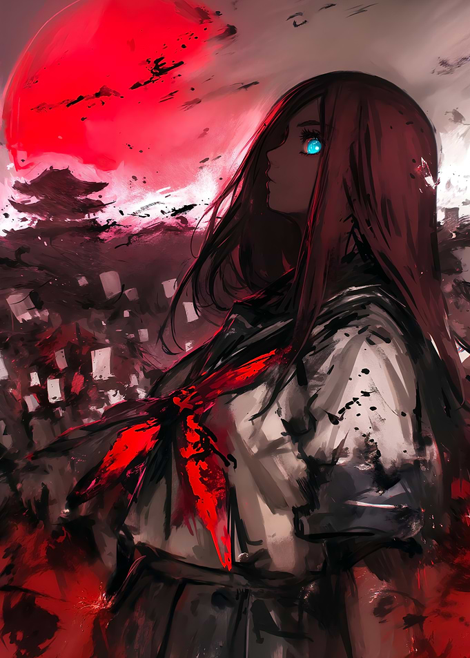 Anime Girl with Blood Moon