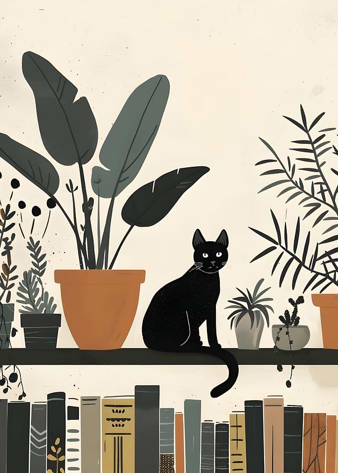 Black Cat on Bookshelf