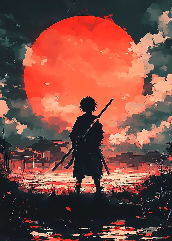 Red Moon Samurai Silhouette