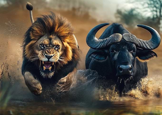 The Powerful African lion chasing buffalo - Wildlife photo