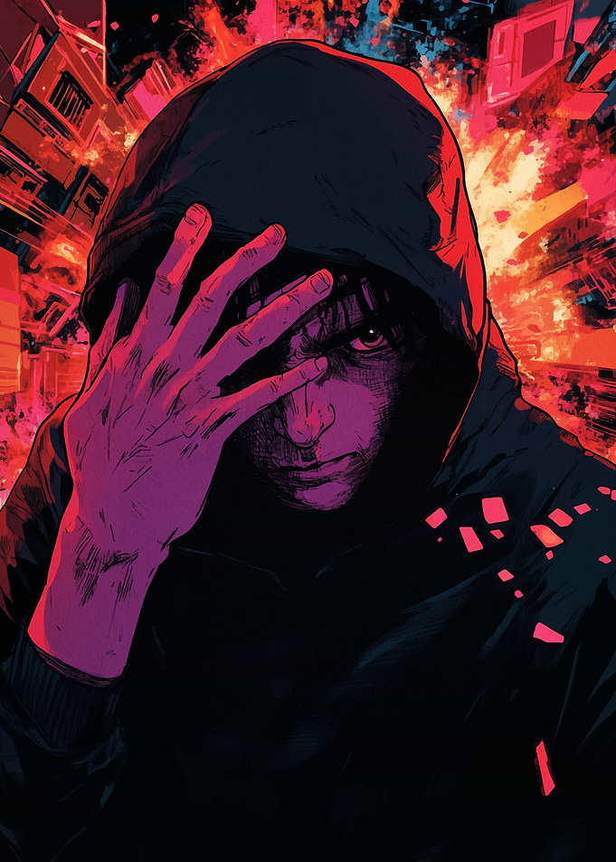 Hooded Figure in Urban Chaos