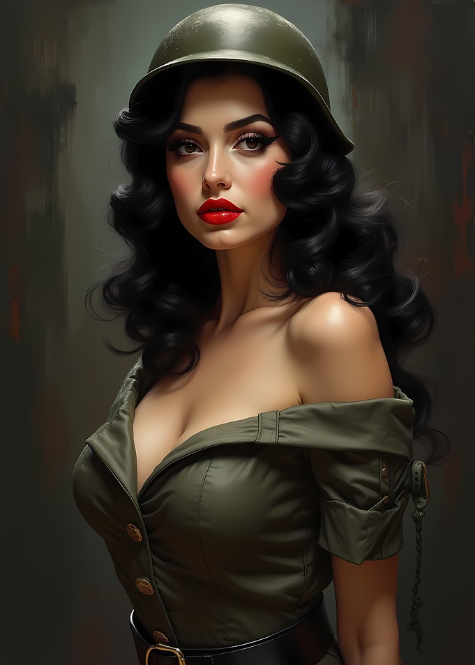 Pin-up Girl in WWII Military Uniform & Helmet