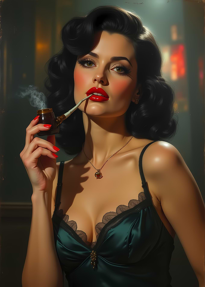 Vintage Pinup with Pipe Film Noir Femme Fatale