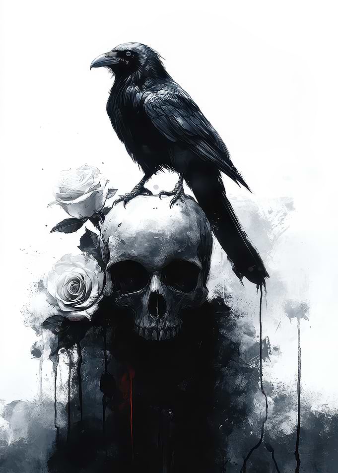 Raven on Skull with Roses