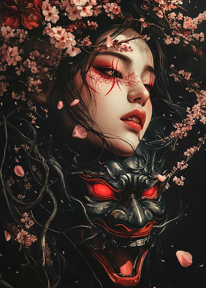 Japanese Demon Mask & Woman