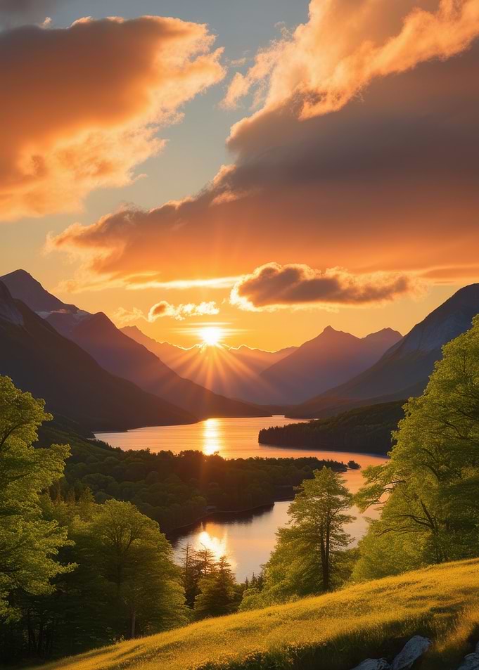 Sunset Over Mountain Lake