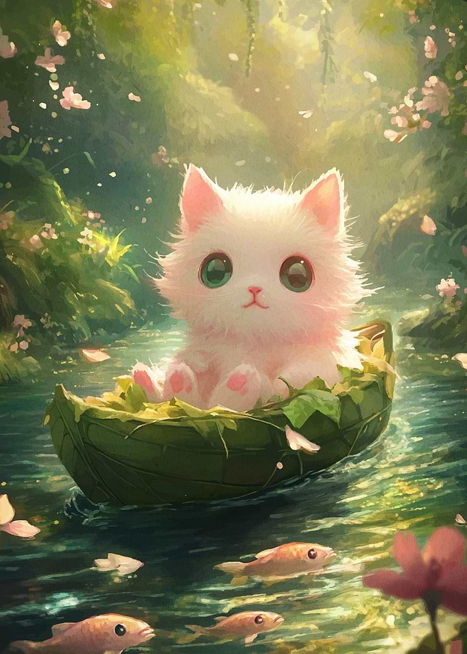 White Kitten in Leaf Boat