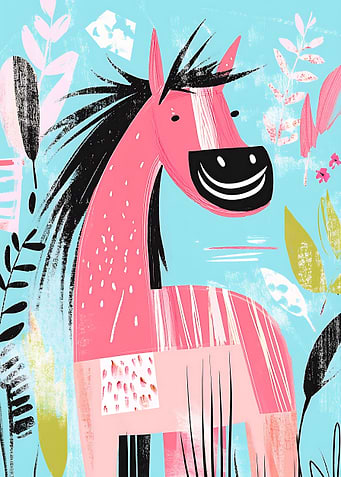 Smiling Pink Horse Illustration Pop Art