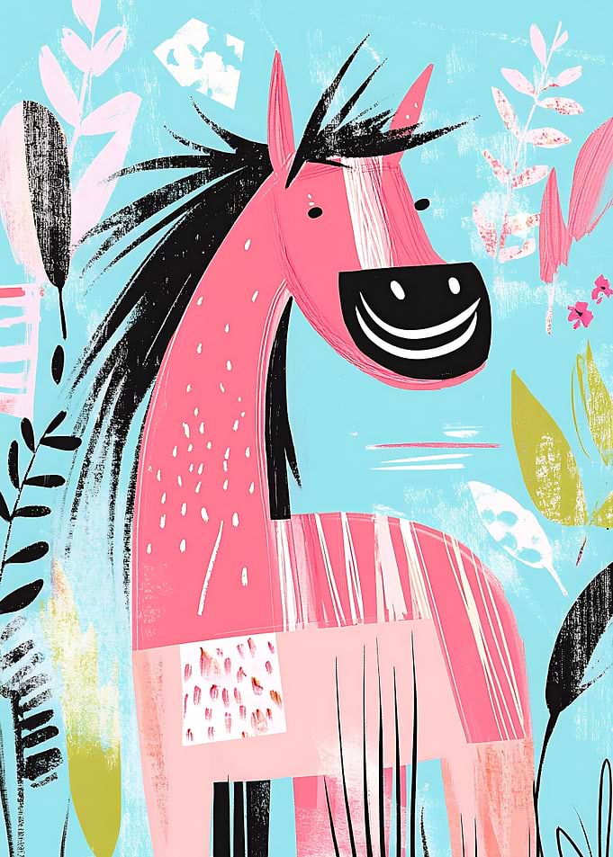 Smiling Pink Horse Illustration Pop Art