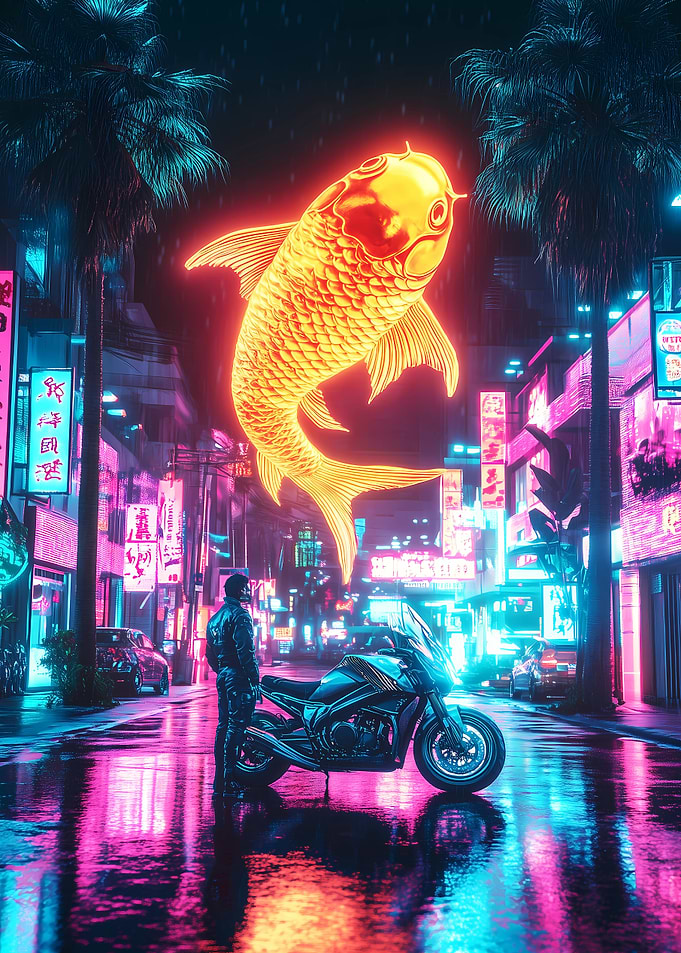 Neon Koi Goldfish Dreams Cityscape