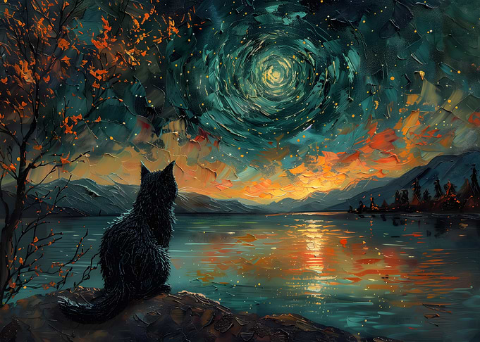 Cat Gazing at Starry Sky