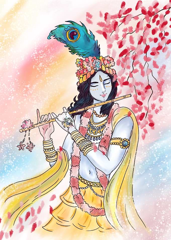 Divine Krishna Playing the Flute – Spiritual Artwork with Vibrant Colors