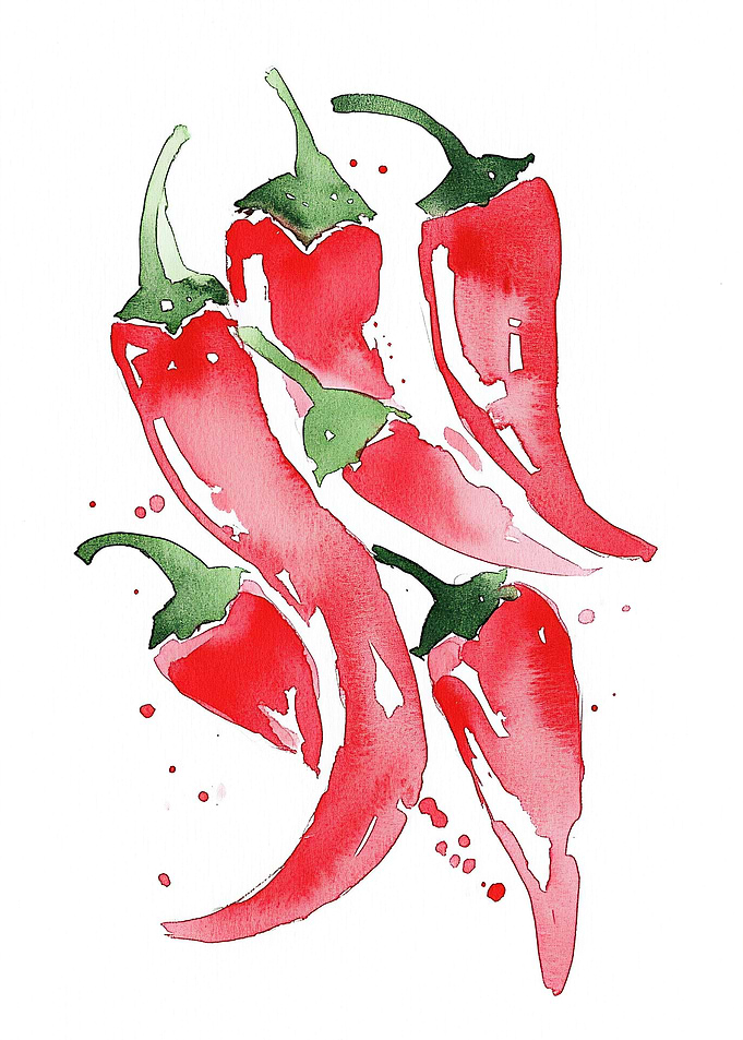 Watercolor Chili Peppers Kitchen Art