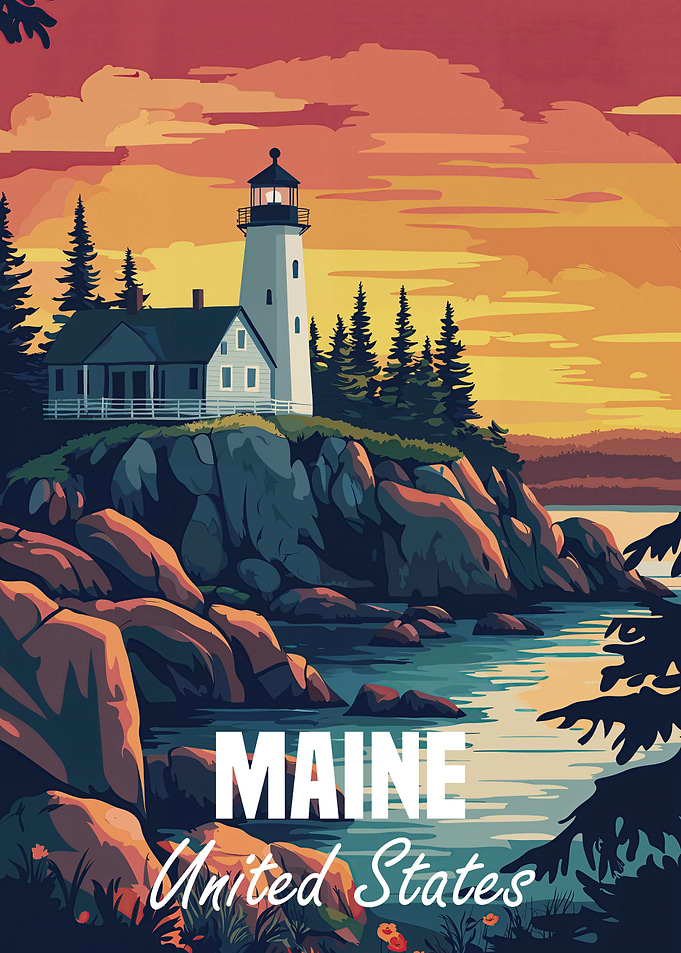 Maine Lighthouse Sunset Poster