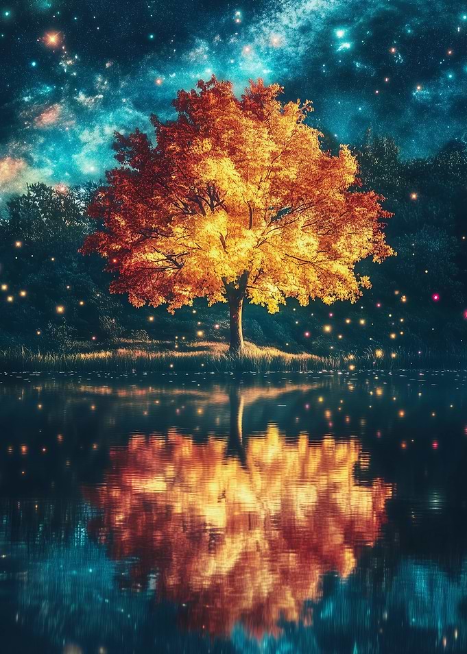 Space Fantasy Landscape - Autumn Tree Reflection