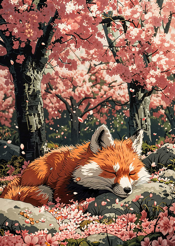 Fox Sleeping in Cherry Blossoms