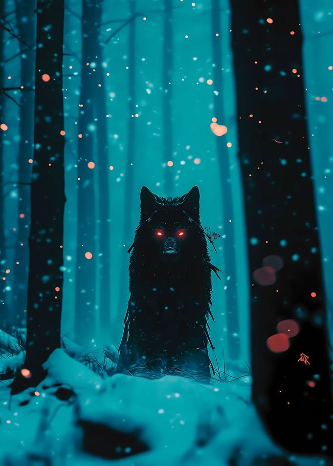 Black Wolf in Snowy Forest